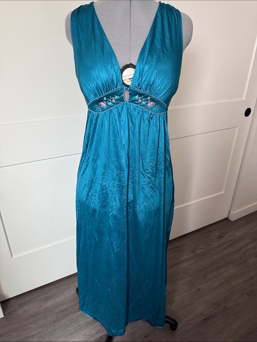 Vintage Teal V-Neck Maxi Slip with Embroidered Waist